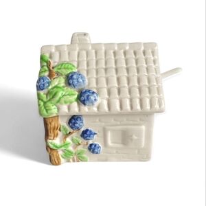 Vintage Enesco Japan Ceramic House-shaped Sugar Bowl Blueberry Design